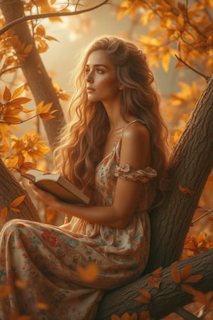 A woman sits serenely on a tree branch, cradling a book against her chest. Warm, golden sunlight filters through the autumn foliage, casting a gentle glow on her face. Her long, unraveling hair cascades down her shoulders, amidst a sea of golden leaves. Soft, floral dress complements the rustic setting. The woman's thoughtful gaze drifts into the distance, intricately capturing the textures of the leaves and warm lighting.