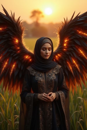 A serene beauty fairy angel stands amidst ripening rice fields, as sunset's gentle warmth bathes her dewy skin and subtly enhances the delicate touch of makeup. Her hijab, intricately patterned and neatly tied, complements her peaceful expression, framed by the majestic her hands as a black angel wings, adorned with fiery flames and sparks that seem to dance in harmony with the fading light. The tranquil rural setting is set ablaze by the mystical contrast of these mighty, largest black angel wings, as the woman's serene face glows with an otherworldly aura.