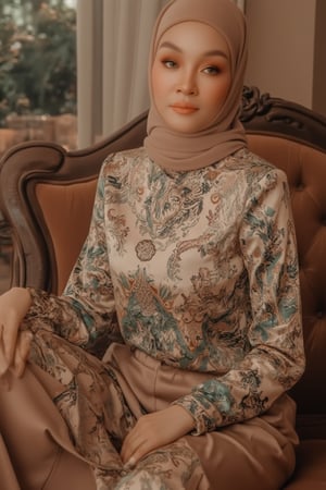 An extremely close-up shot of an ethereal portrait captures the radiant skin and exquisite makeup of a Malay woman. The camera focuses on her ultra-wide front view, showcasing hyperrealistic details in high resolution. She wears elegant attire: a long skirt and satin blouse adorned with batik patterns. Her intricately folded hijab sits politely on a velvet sofa, as she sits gracefully, exuding poised elegance.