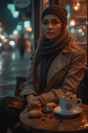 Here's a high-quality coherent stablediffusion prompt based on your input:

A moody cityscape at dusk, rain-soaked streets glisten in soft lighting. A sultry woman sits outside a cozy coffee café, wrapped in warm glow from rustic table with delicate cups and saucers filled with cookies and chocolate. She's framed by wooden accents, trench coat and high neck shirt adding mystique. Porcelain skin glows beneath scarf and cap clinging to raindrops. Camera captures enigmatic presence from low angle, emphasizing moody atmosphere.