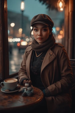 A moody cityscape at dusk, rain-soaked streets glistening in soft lighting. A sultry woman sits poised outside a cozy coffee café, wrapped in warm glow from lanterns and wooden accents framing her enigmatic presence. She wears a scarf, flat cap, trench coat, and inside high-neck shirt, amidst rustic table setting with delicate cups and saucers filled with cookies and chocolate, porcelain skin glowing beneath.