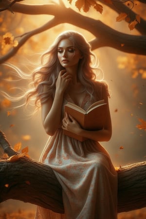 A woman sits serenely on a tree branch, cradling a book against her chest. Warm, golden sunlight filters through the autumn foliage, casting a gentle glow on her face. Her long, unraveling hair cascades down her shoulders, amidst a sea of golden leaves. Soft, floral dress complements the rustic setting. The woman's thoughtful gaze drifts into the distance, intricately capturing the textures of the leaves and warm lighting.