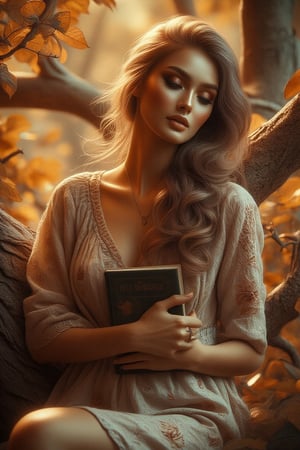 A woman sits serenely on a tree branch, cradling a book against her chest. Warm, golden sunlight filters through the autumn foliage, casting a gentle glow on her face. Her long, unraveling hair cascades down her shoulders, amidst a sea of golden leaves. Soft, floral dress complements the rustic setting. The woman's thoughtful gaze drifts into the distance, intricately capturing the textures of the leaves and warm lighting.