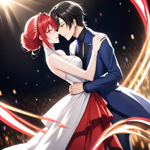 couple, hetero, Male dressed as a Magician, Female dressed as bride, dancing together, Male with black hair, Woman (Rias Gremory) with red hair, staring eachother, adult male, adult female, duo_focus, Tatsuya x Rias Gremory, sharing a magical stage between them, beautiful detailed eyes, half body view.

Tatsuya, with black hair and wearing elegant magician's attire, and Rias Gremory, with vibrant red hair in a stunning wedding dress, dance gracefully on a magical stage. Their eyes locked to look at Eachother, capturing a moment of pure connection and love amidst enchanting lights.