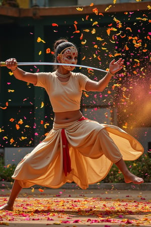 A mallu martial artist in her mid-30s, practices. She wears an ornate ceremonial mask that covers the upper part of her face. She wears a traditional clothing that flies in the wind from her movements. The camera focuses on her face and the emotions conveyed. Both legs in the air.

She swings a shining silver rapier with a bejewelled hilt, a gaudy guard and a ribbon at the base with the expertise of a practiced martial artist. a dense cloud of multicolored petails fly in the air all around her, making lines of color in the path of her complete swing, beautiful patterns painted by the power and elegance . Vibrantly colored shimmering dust around the petals completes the picture.