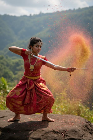 A mallu martial artist in her mid-30s, practices on a rock on a stony mountain. She wears a kathakali mask that covers the upper part of her face. She wears a traditional clothing that flies in the wind from her movements. The camera focuses on her face and the emotions conveyed.

She swings a shining silver rapier with a bejewelled hilt, a gaudy guard and a ribbon at the base with the expertise of a practiced martial artist. a dense cloud of multicolored petails fly in the air all around her, making lines of color in the path of her complete swing, beautiful patterns painted by the power and elegance . Vibrantly colored shimmering dust around the petals completes the picture.