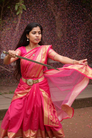 A gorgeous tamil martial artist in her mid-30s, practices. She wears a pink and gold silk saree -- traditional clothing in disarray as it flies in the wind from her rapid movement. Intense determination and anger in her eyes. Making eye contact with viewer.

She swings a shining sharp silver rapier with a bejewelled guard and a ribbon at the base with the expertise of a practiced martial artist. a dense cloud of multicolored petails fly in the air all around her, making lines of color in the path of her complete swing, beautiful patterns painted by the power and elegance . Vibrantly colored shimmering dust around the petals completes the picture. Pallu flowing behind her, skirt fluttering in the air.