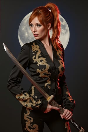 Oil painting, art by Jean Leon Gérome. laurenphillips is a beautiful ninja, her red hair tied in a high ponytail, leaving her face exposed. laurenphillips wears a deep black suit, intricately embroidered with golden dragons, and her katana rests unsheathed in front of her, its blade gleaming in the moonlight. laurenphillips, Her eyes are intense, filled with silent fury as she stares ahead, prepared for battle. Bokeh, Masterpiece, High Quality, Film Grain, Hyper Detailed