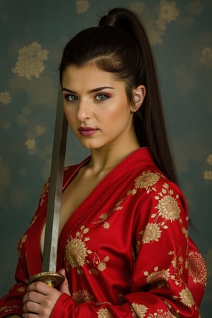 Oil painting, art by Jean Leon Gérome. Leah Gotti is a beautiful geisha , her hair tied in a high ponytail, leaving her face exposed. Leah Gotti wears a deep red kimono, intricately embroidered with golden flowers, and her Japanese Anico rests unsheathed in front of her, its blade gleaming in the moonlight. Leah Gotti, Her eyes are intense, filled with silent fury as she stares ahead, prepared for battle. Bokeh, Masterpiece, High Quality, Film Grain, Hyper Detailed,Leah Gotti