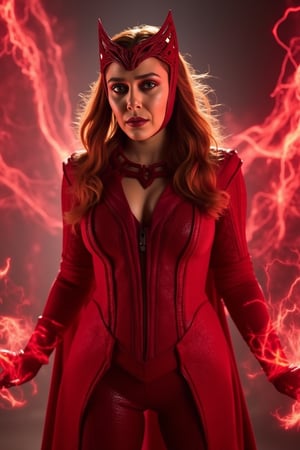 "Scarlet Witch from Doctor Strange and the Multiverse of Madness, portrayed in a hyper-realistic style. She wears her signature red costume, with glossy red latex leggings that stand out in clear, vivid detail. The design of her outfit is intricately textured, highlighting her mystical powers. Her expression is intense and focused, surrounded by an aura of magical energy, set in a dramatic, action-packed environment with cinematic lighting and shadows.",elizabetholsen,elizabetholsen dressed as the scarlet witch