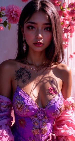 17 year old female model from Finland, voluminous neat bangs, straight long hair, beautiful face with perfect symmetry, charming face with decadent beauty, golden eyeshadow smoky makeup, upper body portrait of black woman in purple + pink dress decorated with white flower petals, neon tattoo on left shoulder and arm, cinematic lighting atmosphere surrounding the scene, high resolution realistic photo where only tattoo shines in the scene, dazzling sunlight on the wall, warm natural light distributed throughout the image, beautiful pearl necklace and pearl earrings in simple design, intricate and ornate design dress in luxurious soft fabric, skin shining under strong white light, high resolution, art style. Surreal photo 1p5comp_style, Photo B00ster, DonM1uth3rXL, arch143, top quality, very detailed and delicate details Description: 1.2, very realistic photo.