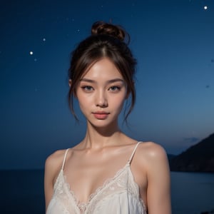 Ultra-detailed 8K photo of a Japanese gravure model with a chic, tousled updo and captivating blue eyes, under the starry night of a Greek island. She’s wearing a white, Grecian-style maxi dress, her pose is relaxed yet sophisticated, the Aegean Sea shimmering quietly in the background