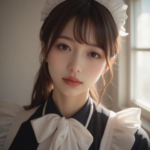 best quality,masterpiece,(photo realistic:1.4),1girl,looking at viewer,japanese woman,cute,slender face,brown hair,maid,smile,(8k, RAW photo, best quality, bowtie, brown eyes,(detailed maid:1.2),(realistic, photo realistic:1.37),