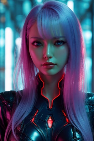 (Best Quality,4K,8k,High resolution,masterpiece:1.2),Super detailed,(Realistic,photoRealistic,photo-Realistic:1.37),Futuristic female cyborg,Portrait Style,Metal Materials,Glowing blue eyes,Sharp features,Ferocious look,Mechanical body parts,Digitally altered long hair,Futuristic Armor,High-tech visor,A strong and confident posture,Dystopian Background,Neon Light,Colorful holographic projection,SF