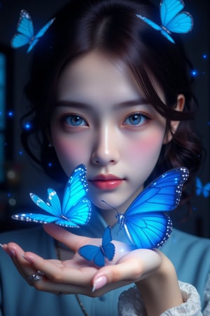 A close-up digital painting depicts an ethereal scene with a young woman as the central focus. Her face is softly illuminated by diffused lighting, creating gentle shadows that accentuate her features. She has strikingly large, expressive light blue eyes framed by thick dark eyelashes, highlighted by vibrant royal blue eyeshadow extending towards her temples. Her skin appears smooth with a subtle blush on her cheeks, and fine details such as pores and highlights are visible. Her curly dark hair frames her face, partially covering it and adding depth to the composition. The woman's nails are painted in a sky blue shade, matching the color palette of the scene. A delicate silver ring adorns her left index finger. In the foreground, a vivid bright blue butterfly with intricate wing patterns rests gently on her extended right hand. Its wings display a gradient from deep midnight blue at the base to lighter azure blue towards the tips, with small white spots and black veins visible. The butterfly emits a soft glowing light from its body, creating a magical sparkle near the tip of her extended index finger. Small sparkles or glittering particles are scattered across her face, enhancing the dreamlike quality. The background is dark and blurred, focusing attention on the subject and adding depth to the artwork. Smaller blue butterflies can be seen flying around, contributing to the whimsical atmosphere. The overall mood is enchanting and serene, achieved through high contrast, moderate saturation, and a cool color temperature dominated by various shades of blue and neutral tones.