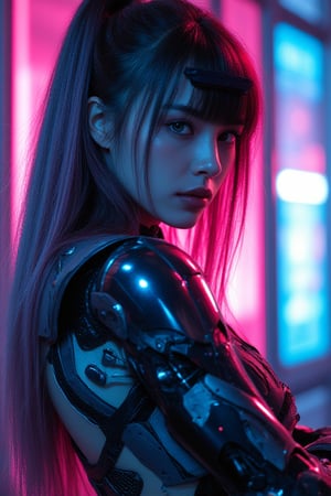 (Best Quality,4K,8k,High resolution,masterpiece:1.2),Super detailed,(Realistic,photoRealistic,photo-Realistic:1.37),Futuristic female cyborg,Portrait Style,Metal Materials,Glowing blue eyes,Sharp features,Ferocious look,Mechanical body parts,Digitally altered long hair,Futuristic Armor,High-tech visor,A strong and confident posture,Dystopian Background,Neon Light,Colorful holographic projection,SF