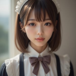 best quality,masterpiece,(photo realistic:1.4),1girl,looking at viewer,japanese woman,cute,slender face,brown hair,maid,smile,(8k, RAW photo, best quality, bowtie, brown eyes,(detailed maid:1.2),(realistic, photo realistic:1.37),