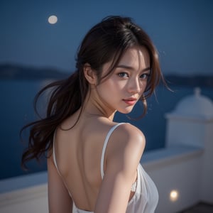 Ultra-detailed 8K photo of a Japanese gravure model with a chic, tousled updo and captivating blue eyes, under the starry night of a Greek island. She’s wearing a white, Grecian-style maxi dress, her pose is relaxed yet sophisticated, the Aegean Sea shimmering quietly in the background