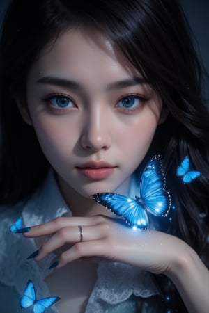 A close-up digital painting depicts an ethereal scene with a young woman as the central focus. Her face is softly illuminated by diffused lighting, creating gentle shadows that accentuate her features. She has strikingly large, expressive light blue eyes framed by thick dark eyelashes, highlighted by vibrant royal blue eyeshadow extending towards her temples. Her skin appears smooth with a subtle blush on her cheeks, and fine details such as pores and highlights are visible. Her curly dark hair frames her face, partially covering it and adding depth to the composition. The woman's nails are painted in a sky blue shade, matching the color palette of the scene. A delicate silver ring adorns her left index finger. In the foreground, a vivid bright blue butterfly with intricate wing patterns rests gently on her extended right hand. Its wings display a gradient from deep midnight blue at the base to lighter azure blue towards the tips, with small white spots and black veins visible. The butterfly emits a soft glowing light from its body, creating a magical sparkle near the tip of her extended index finger. Small sparkles or glittering particles are scattered across her face, enhancing the dreamlike quality. The background is dark and blurred, focusing attention on the subject and adding depth to the artwork. Smaller blue butterflies can be seen flying around, contributing to the whimsical atmosphere. The overall mood is enchanting and serene, achieved through high contrast, moderate saturation, and a cool color temperature dominated by various shades of blue and neutral tones.