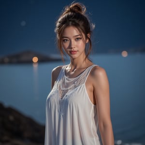 Ultra-detailed 8K photo of a Japanese gravure model with a chic, tousled updo and captivating blue eyes, under the starry night of a Greek island. She’s wearing a white, Grecian-style maxi dress, her pose is relaxed yet sophisticated, the Aegean Sea shimmering quietly in the background