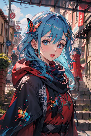  masterpiece, RAW,, ultra realistic, outdoors, ((blue hair)), (hair ornament), reah, long blue hair, looking at viewer, perfect face, see through top, stairs, facing viewer, photorealistic, blue glows, Science Fiction, sexy, 4K, 8k HD, Circle, high quality, OceanGoddess,1 girl, portrait,Modena butterfly, red scarf, red cloak, red dress, bracelet
