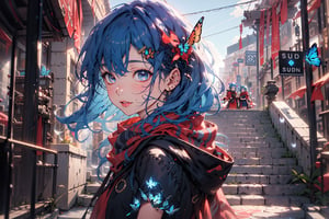  masterpiece, RAW,, ultra realistic, outdoors, ((blue hair)), (hair ornament), reah, long blue hair, looking at viewer, perfect face, see through top, stairs, facing viewer, photorealistic, blue glows, Science Fiction, sexy, 4K, 8k HD, Circle, high quality, OceanGoddess,1 girl, portrait,Modena butterfly, red scarf, red cloak, red dress, bracelet
