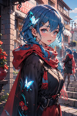  masterpiece, RAW,, ultra realistic, outdoors, ((blue hair)), (hair ornament), reah, long blue hair, looking at viewer, perfect face, see through top, stairs, facing viewer, photorealistic, blue glows, Science Fiction, sexy, 4K, 8k HD, Circle, high quality, OceanGoddess,1 girl, portrait,Modena butterfly, red scarf, red cloak, red dress, bracelet
