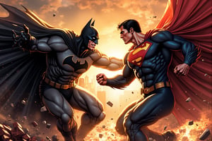 a detailed comic, Fight between, batman and superman