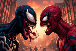 a detailed comic, Fight between, spiderman and venom sybiots