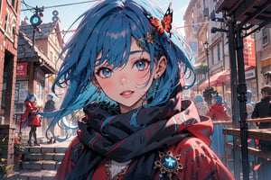  masterpiece, RAW,, ultra realistic, outdoors, ((blue hair)), (hair ornament), reah, long blue hair, looking at viewer, perfect face, see through top, stairs, facing viewer, photorealistic, blue glows, Science Fiction, sexy, 4K, 8k HD, Circle, high quality, OceanGoddess,1 girl, portrait,Modena butterfly, red scarf, red cloak, red dress, bracelet
