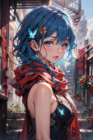  masterpiece, RAW,, ultra realistic, outdoors, ((blue hair)), (hair ornament), reah, long blue hair, looking at viewer, perfect face, see through top, stairs, facing viewer, photorealistic, blue glows, Science Fiction, sexy, 4K, 8k HD, Circle, high quality, OceanGoddess,1 girl, portrait,Modena butterfly, red scarf, red cloak, red dress, bracelet
