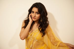 A glamorous portrait of a Indian woman in a luxurious, yellow sheer saree: The subject is a woman with long, voluminous dark hair styled in loose waves She wears a  yellow/ yellow  colored saree with intricate lace and embroidery details The saree is sheer and draped elegantly, revealing her midriff and shoulders Her makeup is polished with defined eyes and neutral lips She poses with both hands touching her face, framing it Her expression is sultry and confident, looking directly at the camera The lighting is soft and diffused, creating a dreamy atmosphere The background is plain white, putting full focus on the subject The overall aesthetic is glamorous, sensual and high-fashion The image has a warm, slightly desaturated color palette The composition emphasizes the intricate details of the saree and the model's pose, creating a striking and alluring portrait.photorealistic,Mallu,Girl,Indian,shraddha