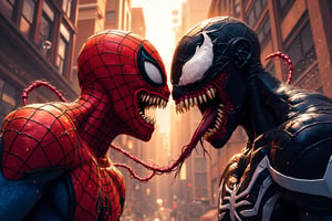 a detailed comic, Fight between, spiderman and venom sybiots