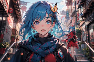  masterpiece, RAW,, ultra realistic, outdoors, ((blue hair)), (hair ornament), reah, long blue hair, looking at viewer, perfect face, see through top, stairs, facing viewer, photorealistic, blue glows, Science Fiction, sexy, 4K, 8k HD, Circle, high quality, OceanGoddess,1 girl, portrait,Modena butterfly, red scarf, red cloak, red dress, bracelet
