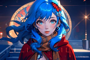  masterpiece, RAW,, ultra realistic, outdoors, ((blue hair)), (hair ornament), reah, long blue hair, looking at viewer, perfect face, see through top, stairs, facing viewer, photorealistic, blue glows, Science Fiction, sexy, 4K, 8k HD, Circle, high quality, OceanGoddess,1 girl, portrait,Modena butterfly, red scarf, red cloak, red dress, bracelet
