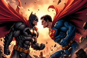 a detailed comic, Fight between, batman and superman