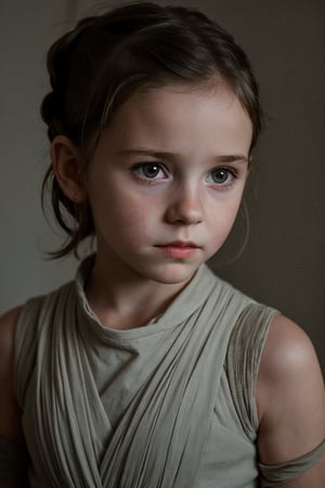 An adorable (8_year_old:1.2) English girl dressed as Rey from Star Wars, Her lips are soft and full. Her expression is wistful. looking at viewer