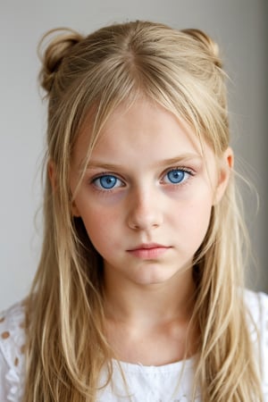 a thoughtful german (10_year_old:1.2) girl, straight blonde hair, which she wears in a messy bun, tall and thin, big blue eyes, gull-wing lips, she is reserved with a concentrated expresion and an air of mystery. 