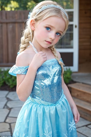 An adorable (8_year_old:1.2) English girl dressed as Elsa from Frozen, Her lips are soft and full. Her expression is wistful. looking at viewer, lifting skirt