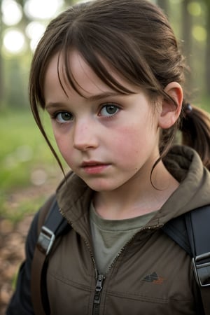 An adorable (8_year_old:1.2) English girl dressed as Katniss from Hunger Games, Her lips are soft and full. Her expression is wistful. looking at viewer