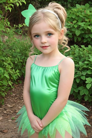 An adorable (8_year_old:1.2) English girl dressed as Tinkerbell, Her lips are soft and full. Her expression is wistful. looking at viewer