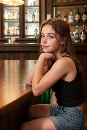 Drunken beautiful (14_year_old:1.2) Irish girl sitting at a bar, ((hunched over bar)) with a pint of guinness, leaning on bar with hands and forearms lying flat on bar, disheveled hair, flushed red face, light freckles on nose, ((head down)), downcast, looking from corner of eyes at viewer with suspicion, (glazed eyes, glazed expression), smirking at viewer, (downturned mouth), slight sweat, slyly winking at viewer, view from side, dim warm lighting
