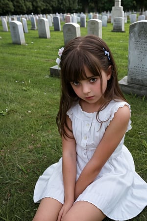 A cute innocent (8_year_old:1.2) Italian girl dressed in white dress sitting at grave in cemetary, Her lips are soft and full. Her expression is haunting. looking at viewer