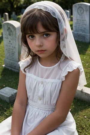 An innocent (8_year_old:1.2) Italian girl dressed in white dress sitting at grave in cemetary, Her lips are soft and full. Her expression is wistful. looking at viewer