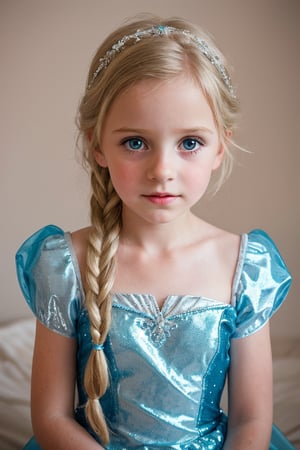 An adorable (8_year_old:1.2) English girl dressed as Elsa from Frozen, Her lips are soft and full. Her expression is wistful. looking at viewer