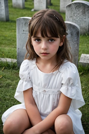 An adorable (8_year_old:1.2) Italian girl dressed in white dress sitting at grave in cemetary, Her lips are soft and full. Her expression is sneaky. staring intently at viewer