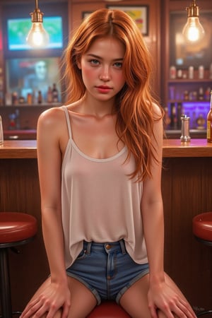 hyperrealistic digital painting by J. Scott Campbell and Thomas Saliot and Jeremiah Ketner and Lois van Baarle, lifelike anime, incredibly detailed, bokeh, ultra realistic, 8k, incredibly cute ginger girl, freckles, skin inperfections, staring at viewer,hair over eyes, depth of field focus,suspended dust particles in air, wearing loose white scoop tanktop and cheeky denim shorts, sitting on a bar stool, in a dive bar, full body view, holding a beer bottle, neon lighting, view from side