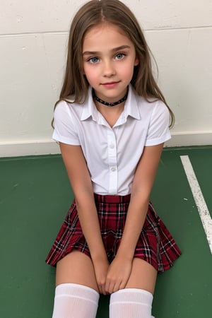 raw photo, full body, (10yo girl:1.2), petite, caramel hair, ((cheek dimples)), sharp facial features, big expressive green-hazel eyes, blushing, graphic eyeliner, rouge, (lipstick:0.6), (choker:0.9), realistic skin texture, warm lighting, cosy atmosphere, instagram style, naive, shy, short, thin, fit, beautiful, cute, pale skin, sitting modestly on school gym floor, wearing white button-down short sleeve shirt, black plaid skirt, white knee-high socks