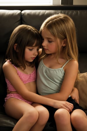 ((2girls)), Two innocent petite young girls (7_year_old:1.2) snuggling on the couch watching a movie. brunette, blonde, They are touching each other intimately in the dark. nightime, bedtime, latenight, dim lighting 