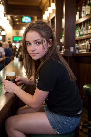 Drunken beautiful (14_year_old:1.2) Irish girl sitting at a bar, ((hunched over bar)) with a pint of guiness, forearms on bar, disheveled hair, ((head down)), downcast, looking sidelong at viewer with suspicion, (glazed eyes, glazed expression), smirking at viewer, slyly winking at viewer, view from side
